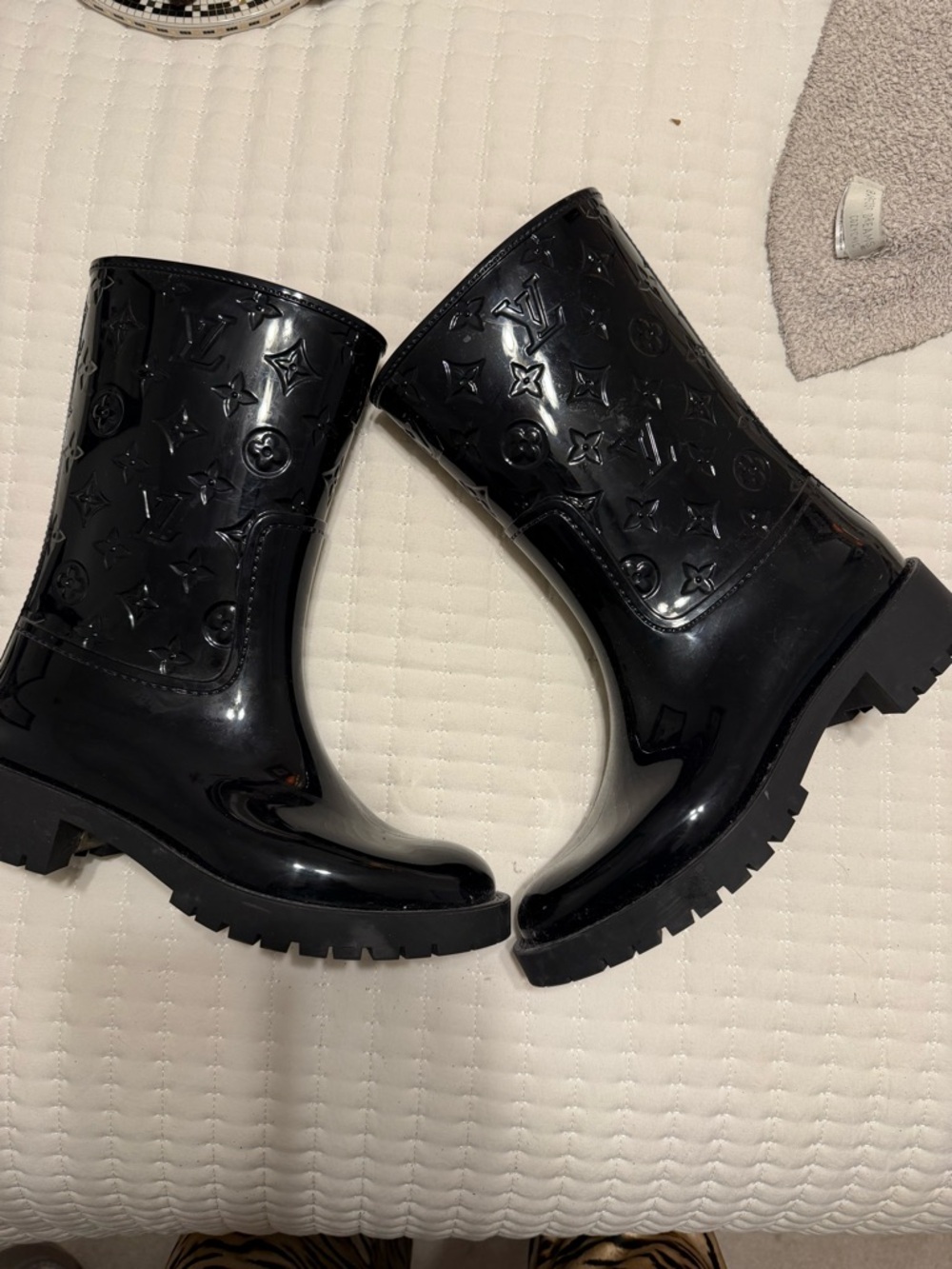 Louis Vuitton Black Patent Monogram Mid-Calf Rain Boots - Picture 2 of 2
